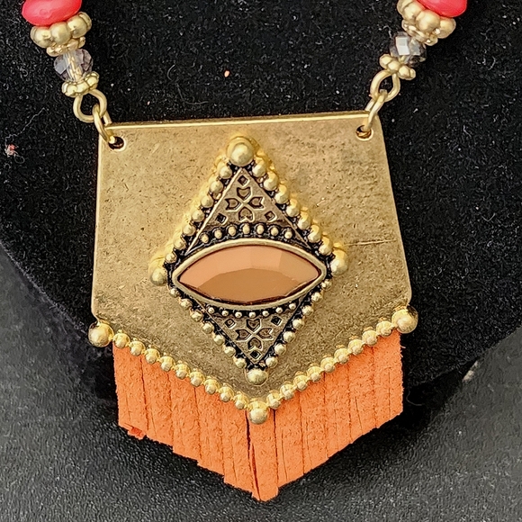 Boho Double Strand and Pendant Chain Necklace with Orange Fringe - Picture 5 of 7